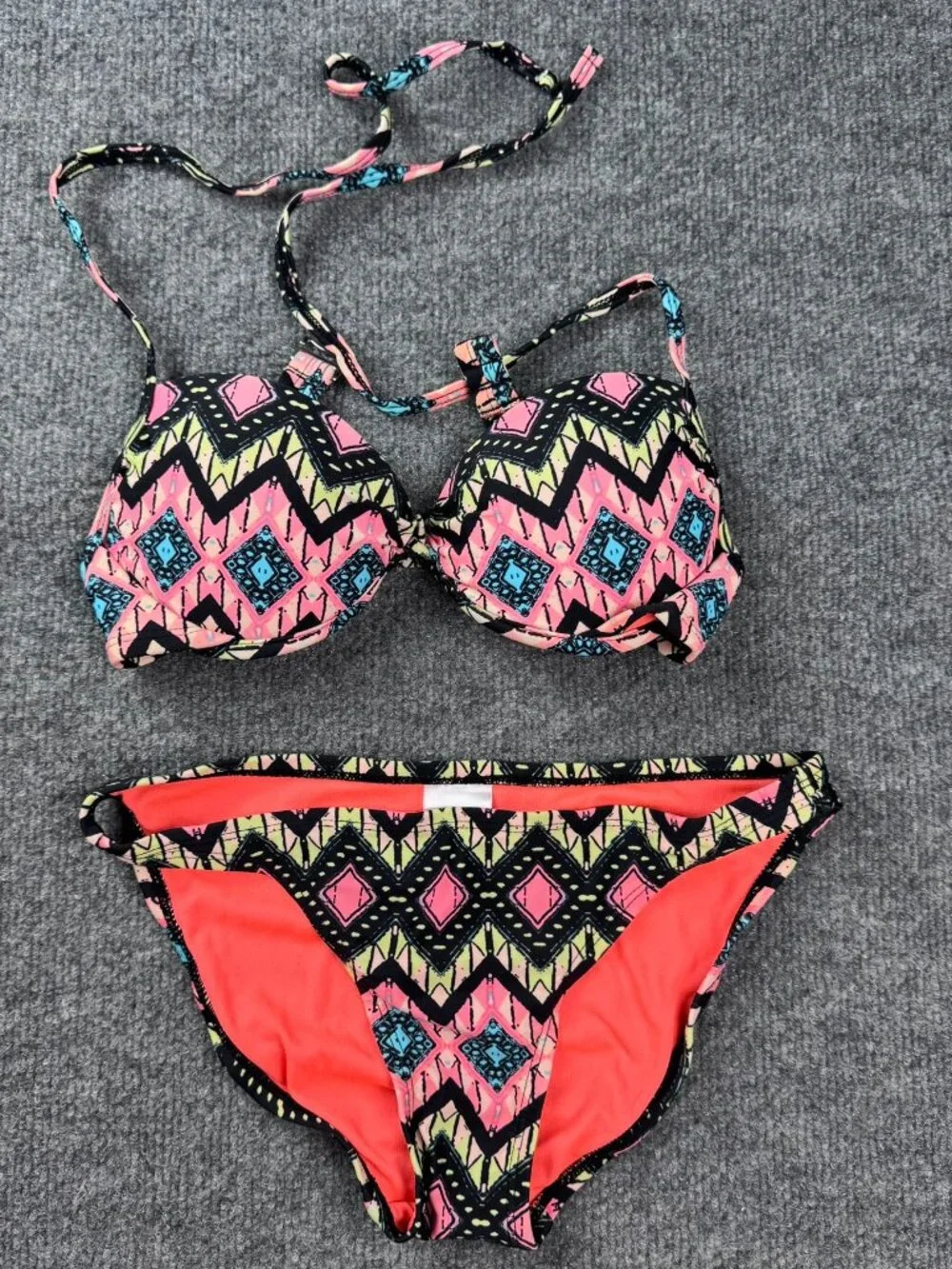 Xhilaration 2Pc Bikini Set Top S Bottom XS Push Up Halter Neon Geometric Tribal
